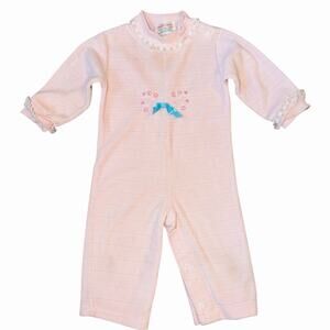 Vintage Health-Tex Baby Girl Pink velour Jumpsuit Coquette Lace Ruffles 6-9M